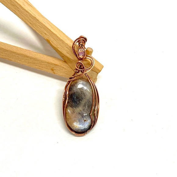 HANDCRAFTED Statement Pendant Gray &Rainbow Moonstones Oxidized Copper Hand Wrap - Picture 9 of 10